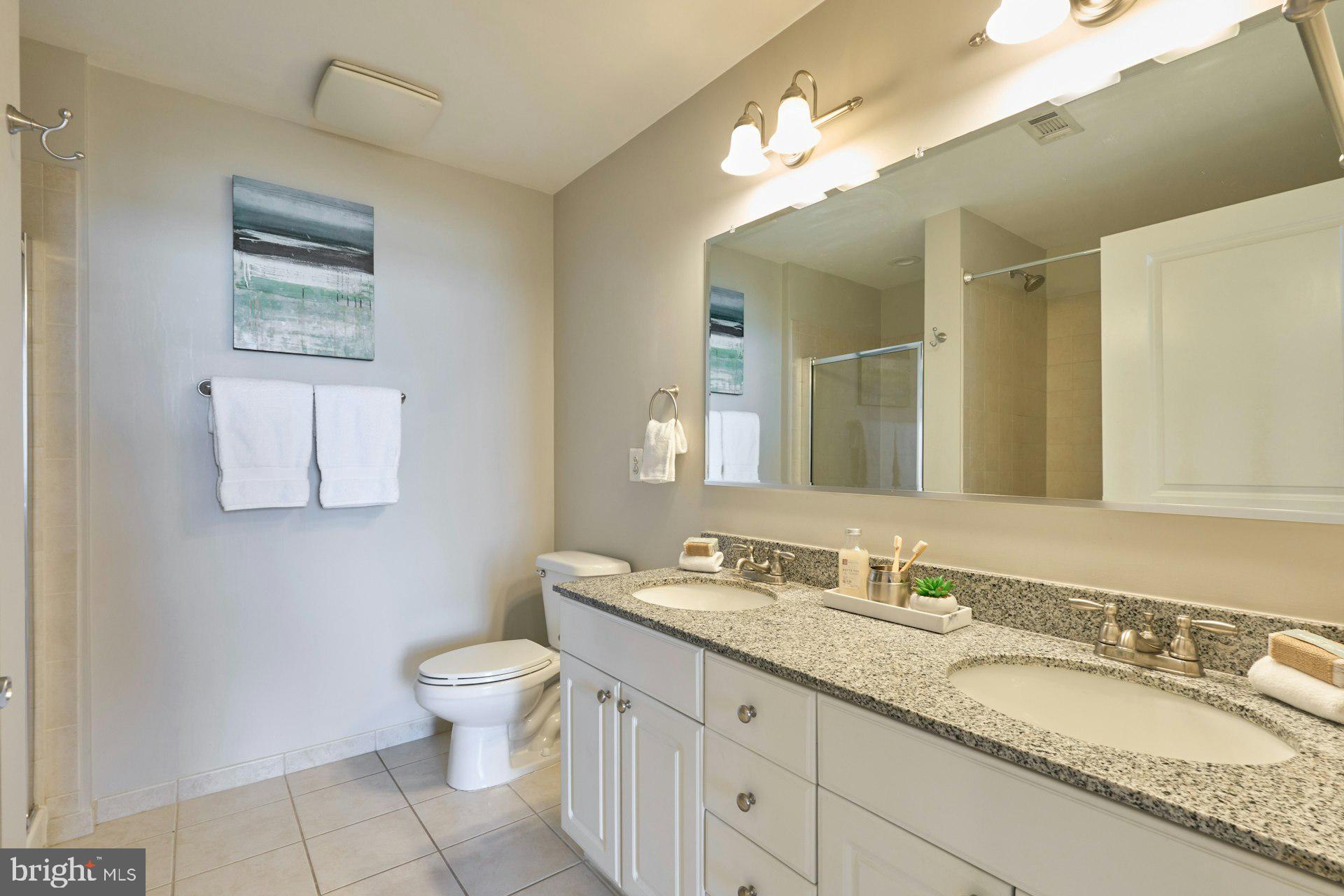 3650 South Glebe Road, Unit 652 Arlington, VA 22202 - Photo 28 of 54 a bathroom with a granite countertop sink a toilet and a mirror