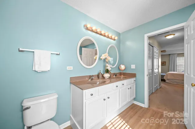 a bathroom with a toilet a sink a mirror and vanity