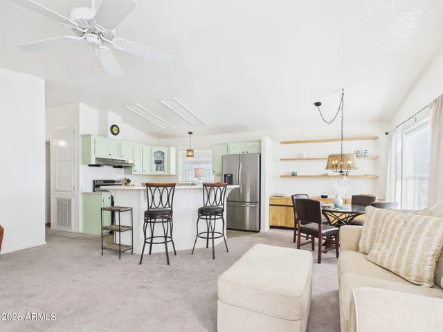 a view of a dining room with furniture