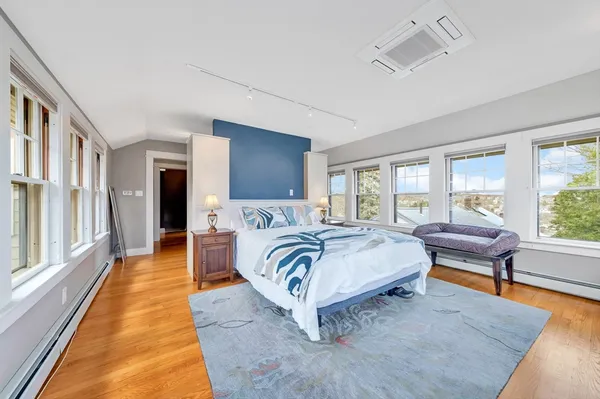 a spacious bedroom with a bed and a large window