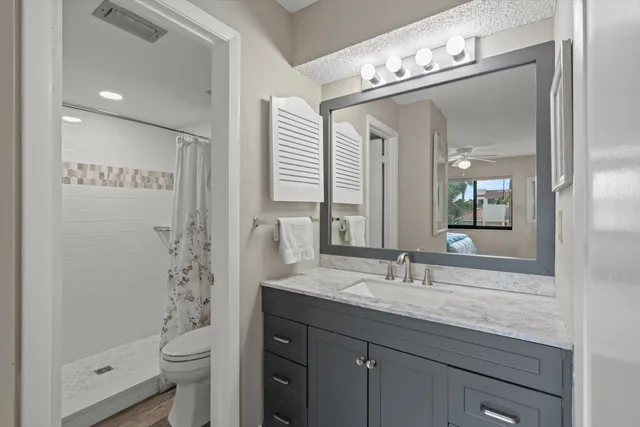 a bathroom with a shower curtain and a toilet