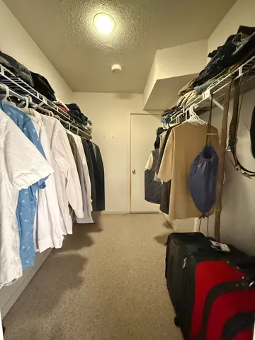 a view of walk in closet with clothes and shoes
