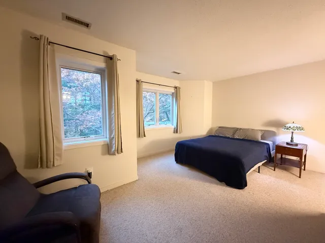 a bedroom with a bed chair and two windows