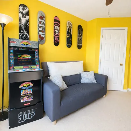 a bathroom with a shower curtain and a bathtub