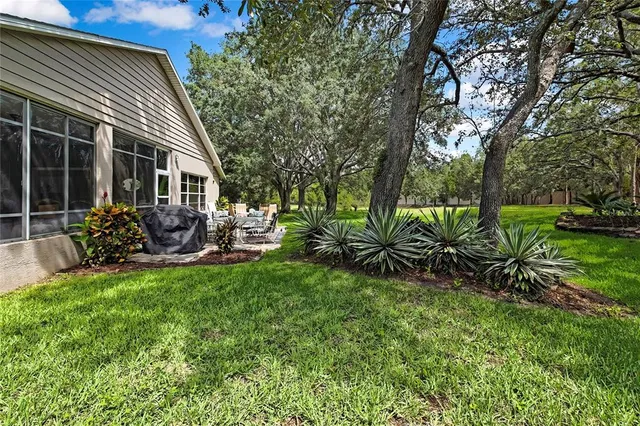 a view of a house with backyard sitting area and garden