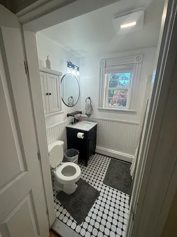 a bathroom with a toilet a sink and a mirror
