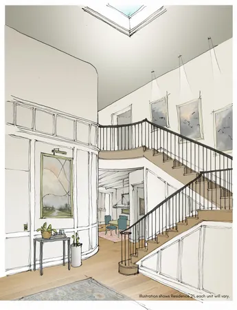 a view of staircase with railing and a rug