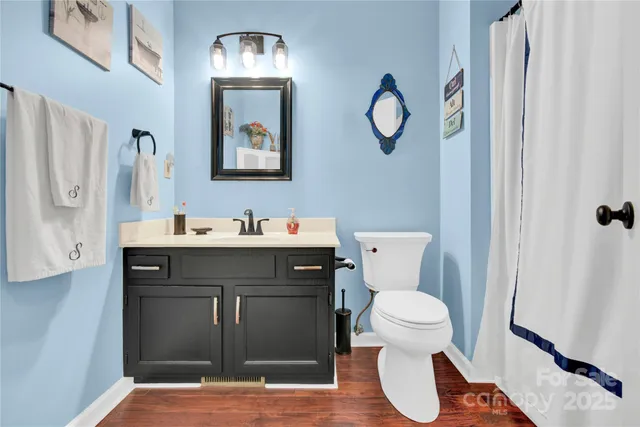 a bathroom with a toilet sink vanity and mirror