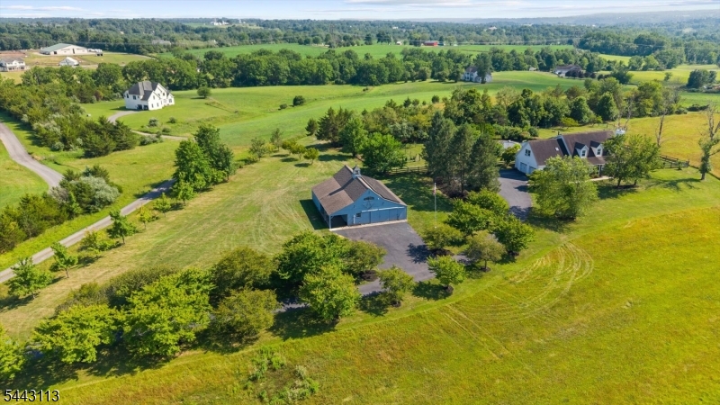 a view of a lush green forest with a house