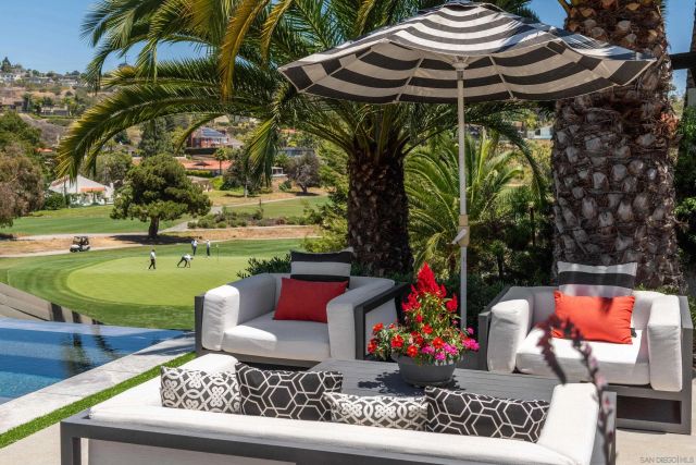 an outdoor space with furniture