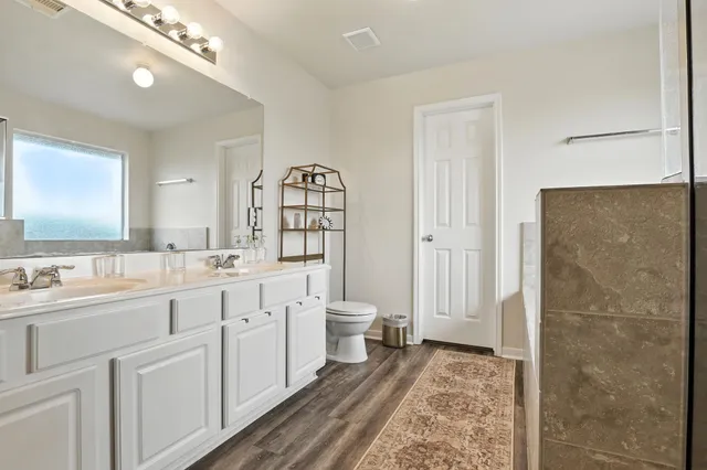 a bathroom with a double vanity sink a toilet and a shower