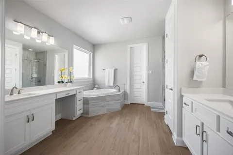 a large bathroom with a double vanity sink a mirror and a bathtub
