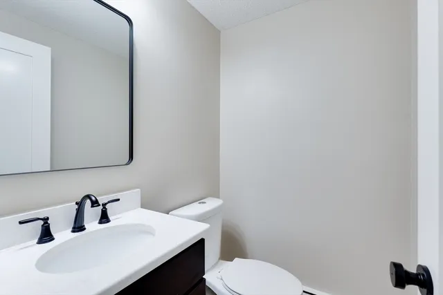 a bathroom with a sink mirror and toilet