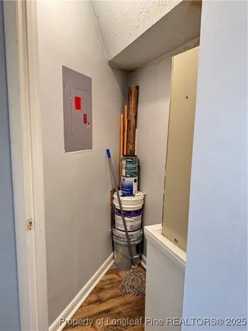 a view of a balcony with wooden floor