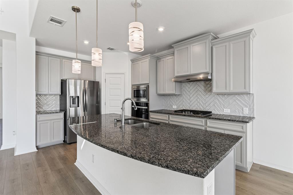 20520 Carries Ranch Road Pflugerville, TX 78660 - Photo 6 of 26 Kitchen featuring dark stone counters, light wood finished floors, stainless steel appliances, and a center island with sink