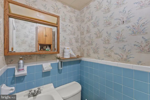 a bathroom with a toilet a sink and mirror