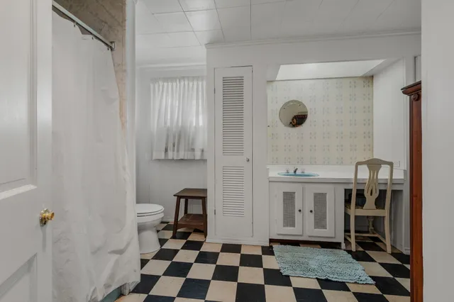 a bathroom with a sink a toilet a mirror and shower