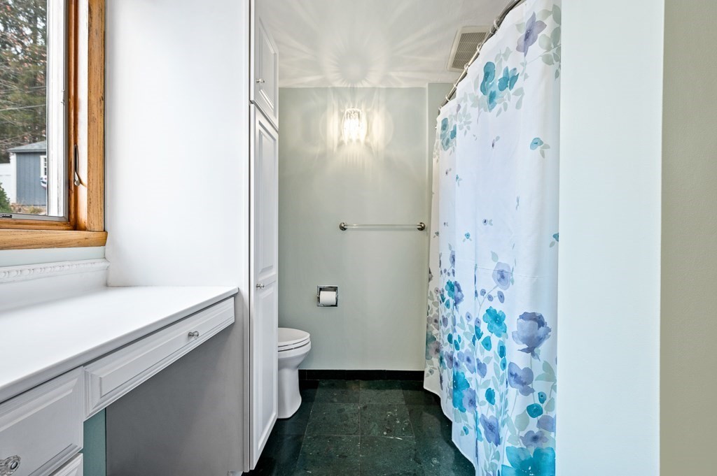 59 Cranberry Meadow Shore Road Charlton, MA 01507 - Photo 13 of 36 a bathroom with a sink a toilet and a shower curtain