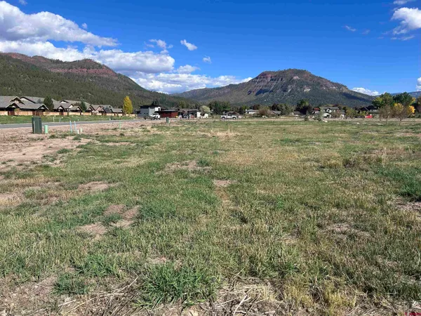 a view of a town with mountains in the background