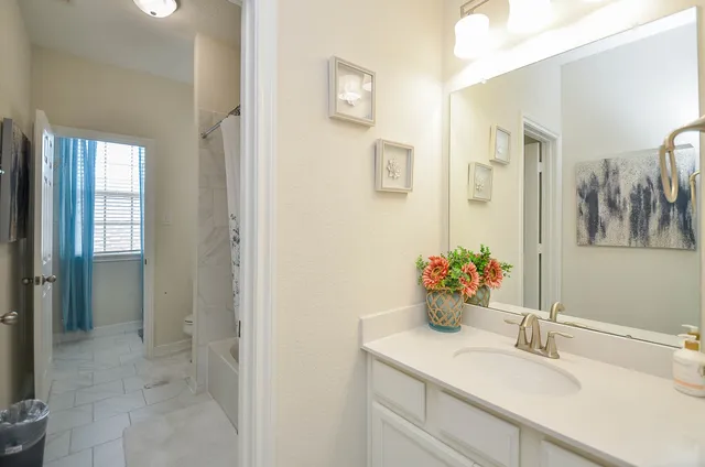 a bathroom with a sink vanity and a mirror