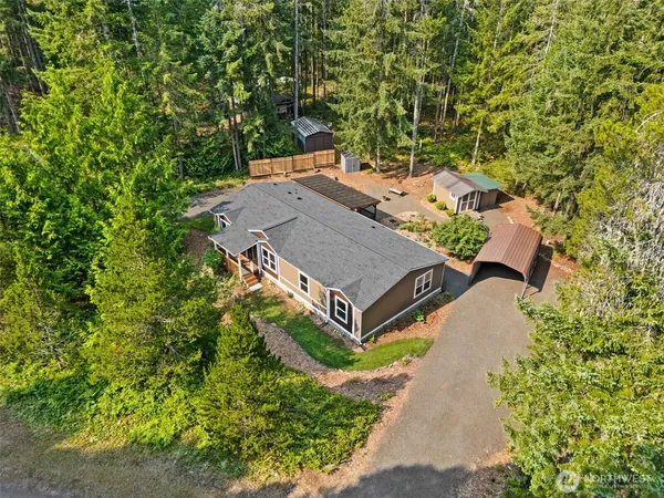 an aerial view of a house with a yard and large trees