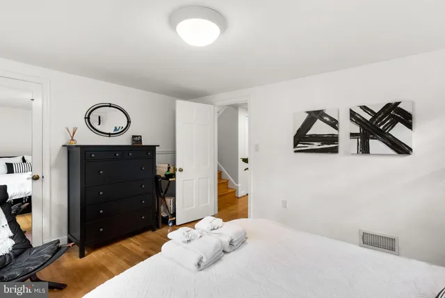 a bedroom with furniture and a wooden floor
