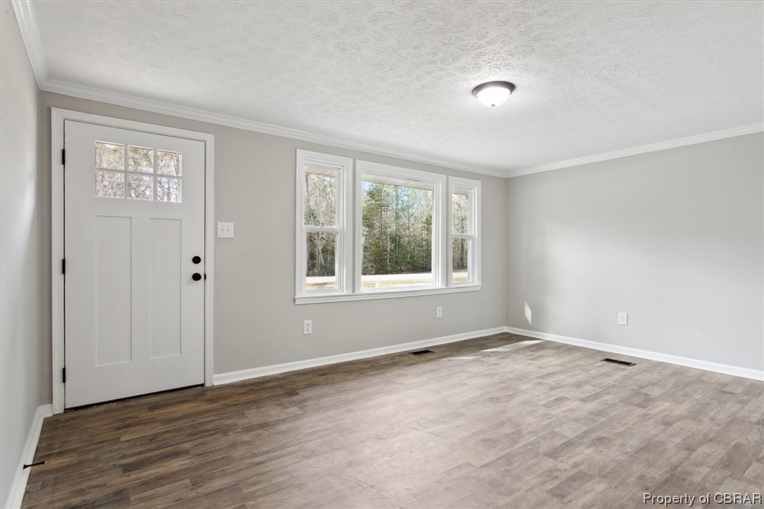 5684 Centerville Road Williamsburg, VA 23188 - Photo 11 of 33 Foyer entrance featuring dark hardwood / wood-style floors, ornamental molding, and a textured ceiling