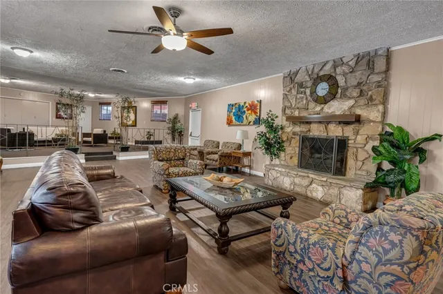a living room with furniture a fireplace and a ceiling fan