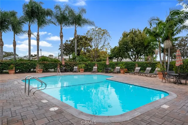 a view of a swimming pool with a lounge chair and palm trees