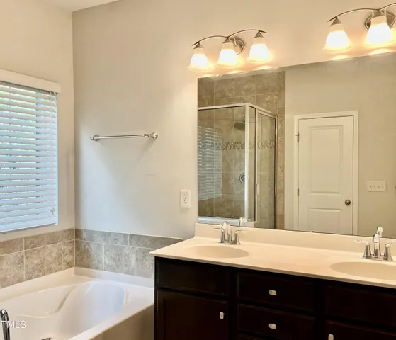 a bathroom with a tub sink and mirror