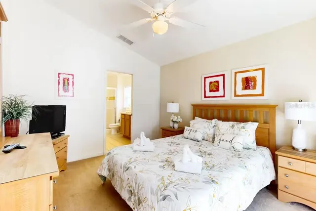 a bedroom with a bed and a flat screen tv