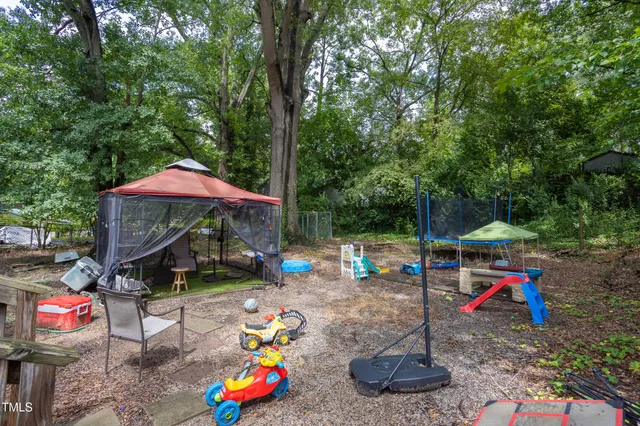 an outdoor space with furniture
