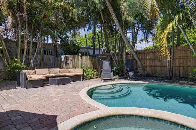 a view of a backyard with swimming pool
