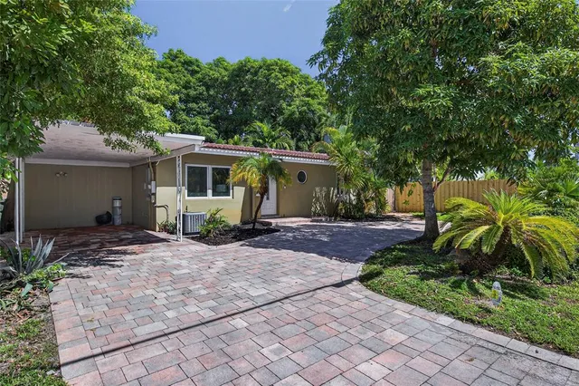 a view of a house with potted plants and a large tree