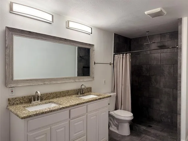 a bathroom with a granite countertop sink toilet and shower