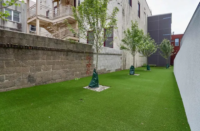 a backyard of a house with plants and large tree