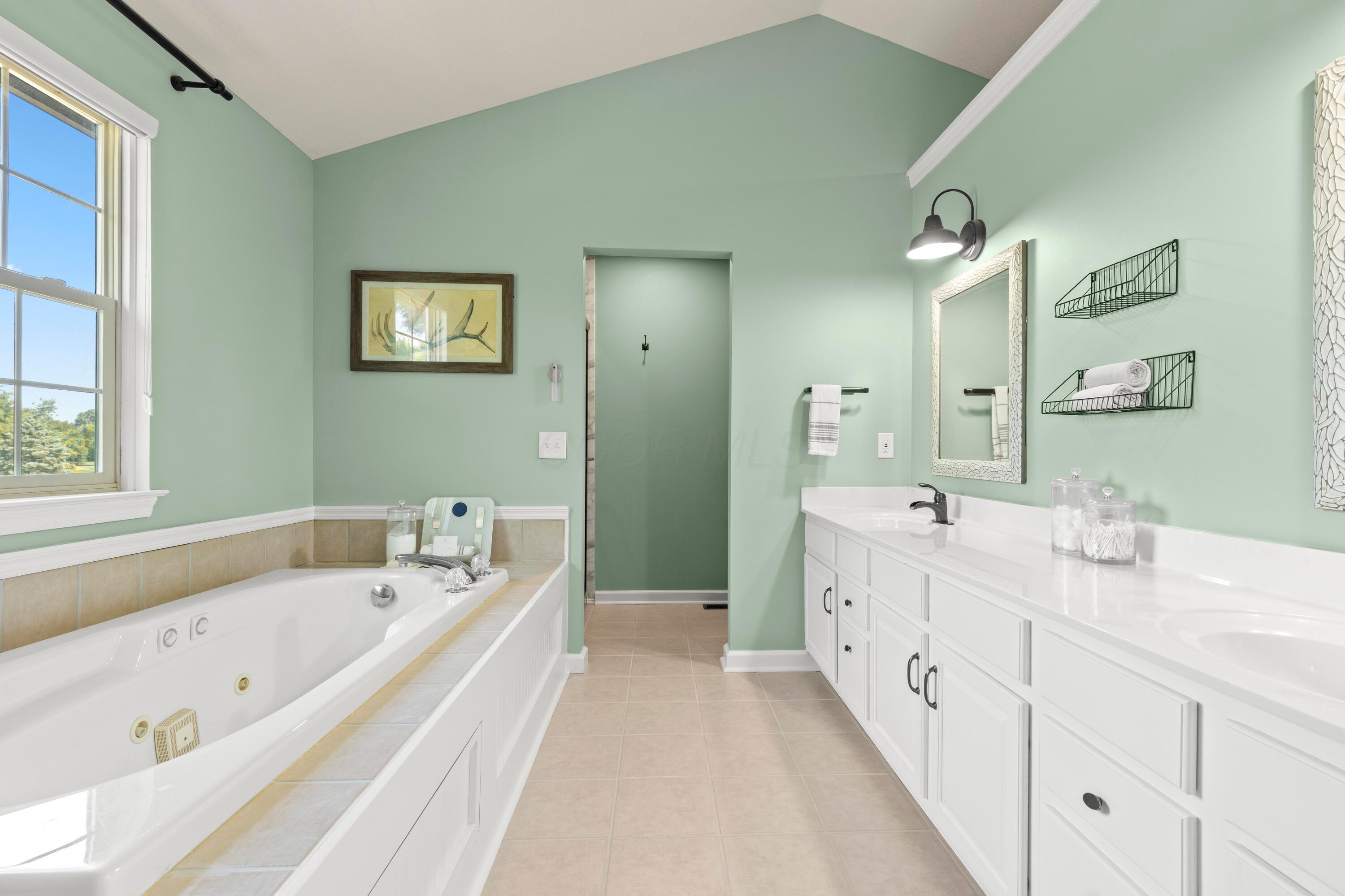 1515 Dale Ford Road Delaware, OH 43015 - Photo 36 of 74 • Ceramic tile flooring • Seafoam painted walls • Vaulted ceiling • Jetted tub with ceramic tile surround • Enclosed vanity with double bowl, cultured marble sinktop • (2) wall lights • Mirror remains