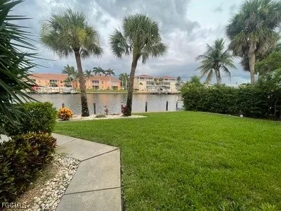 a view of a lake with a big yard and palm trees