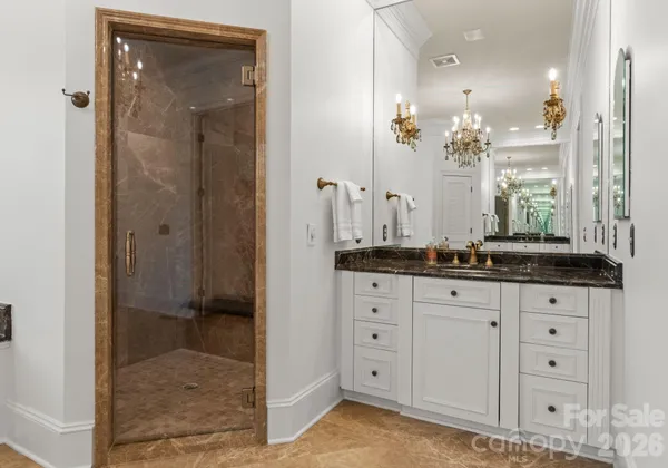 a bathroom with a granite countertop sink mirror and shower