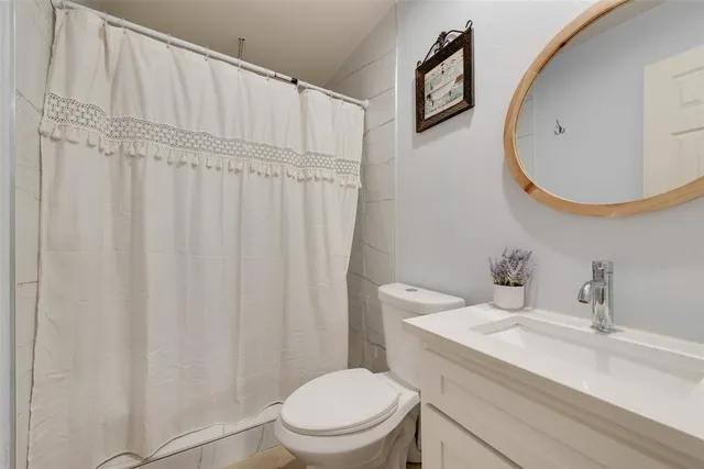 a bathroom with a sink a toilet and a mirror