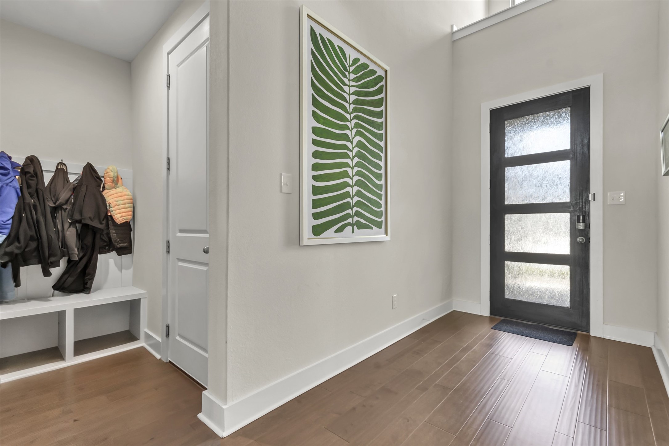 209 Azalea Spg Road Liberty Hill, TX 78642 - Photo 2 of 29 Entry foyer featuring a dark wood-finish door with four frosted glass panels, wood-finish flooring, and white baseboards