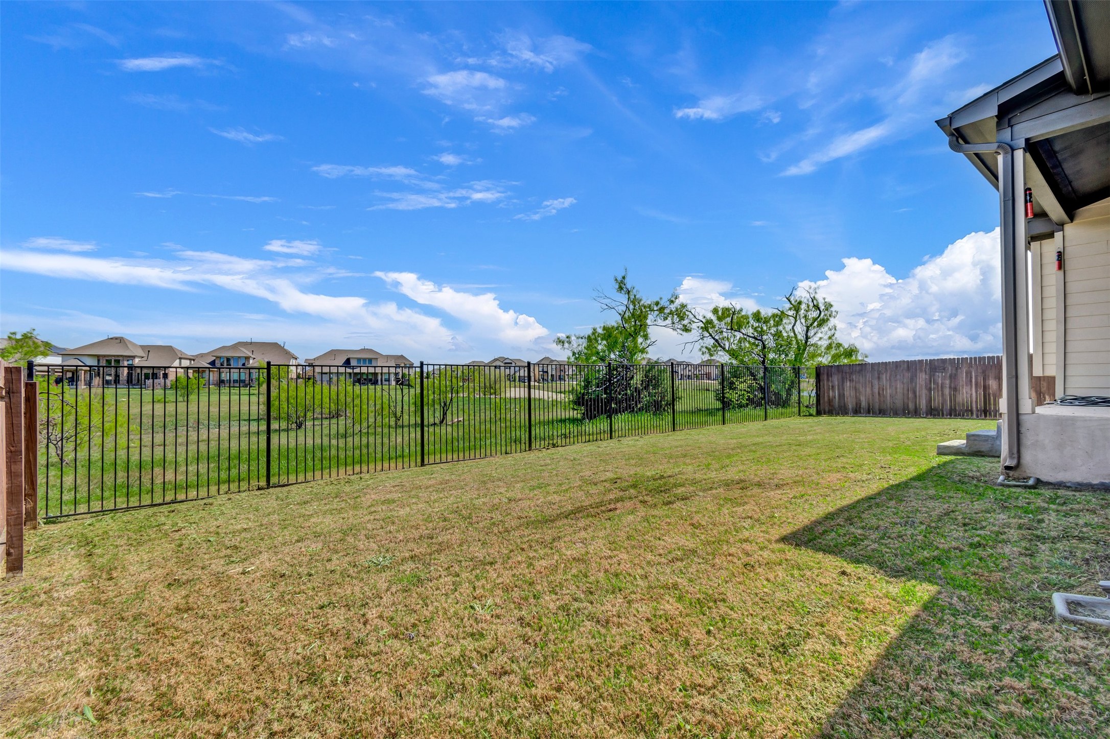 209 Azalea Spg Road Liberty Hill, TX 78642 - Photo 26 of 29 Spacious backyard featuring a sloped lawn and black wrought iron fencing