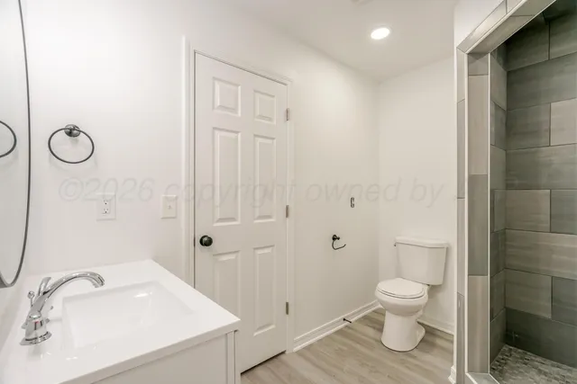 a bathroom with a toilet sink vanity and shower
