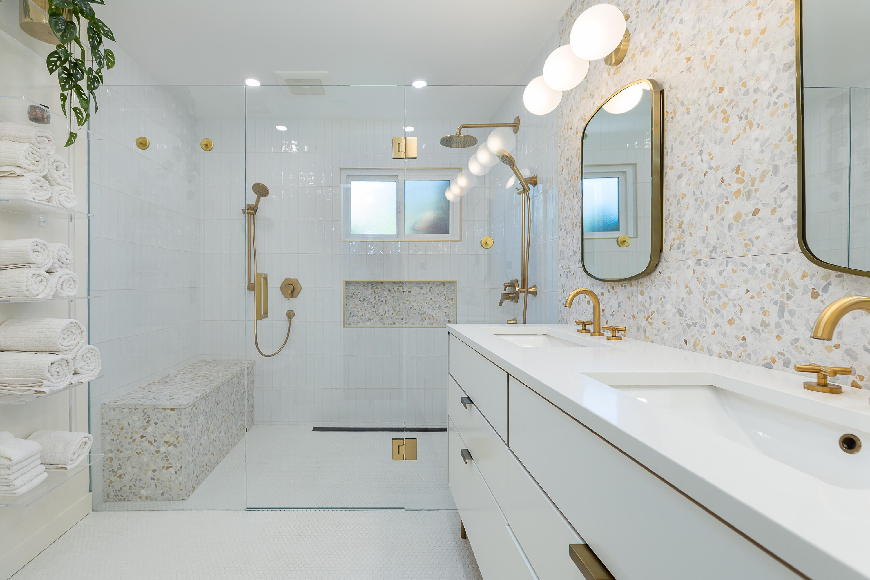 2166 East Valley Road Montecito, CA 93108 - Photo 12 of 30 a bathroom with a sink a mirror and a shower