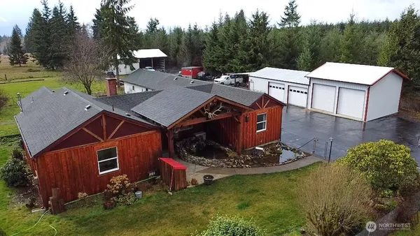 an aerial view of a house with garden