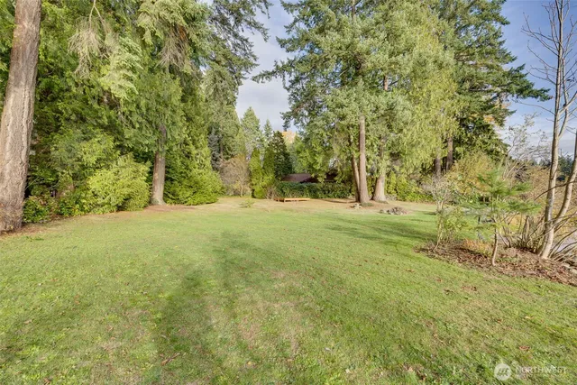a large yard with lots of green space and house in the back