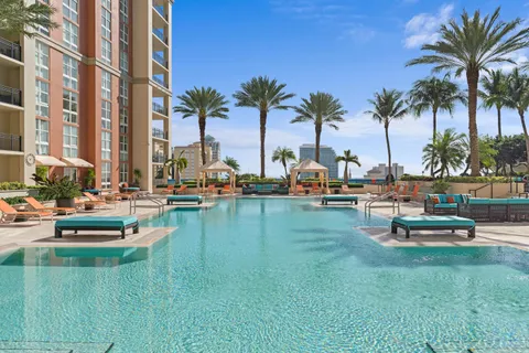 a view of swimming pool with lawn chairs and palm tree