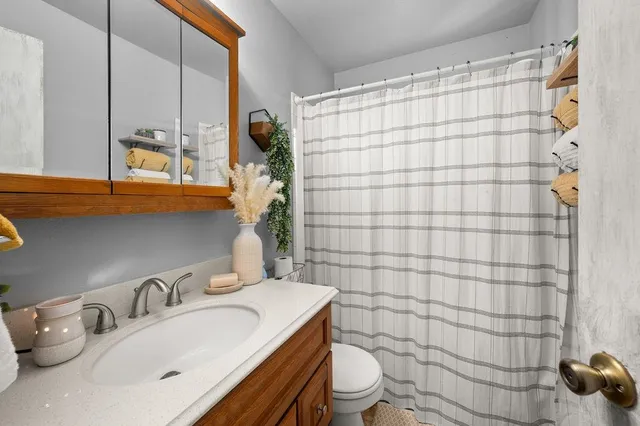 a bathroom with a sink a toilet and shower curtain