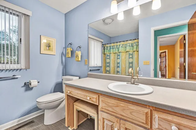 a bathroom with a sink a toilet and a mirror