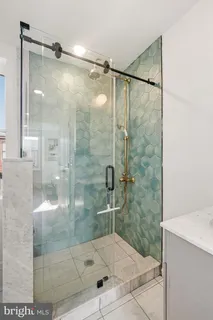 a bathroom that has a glass shower door